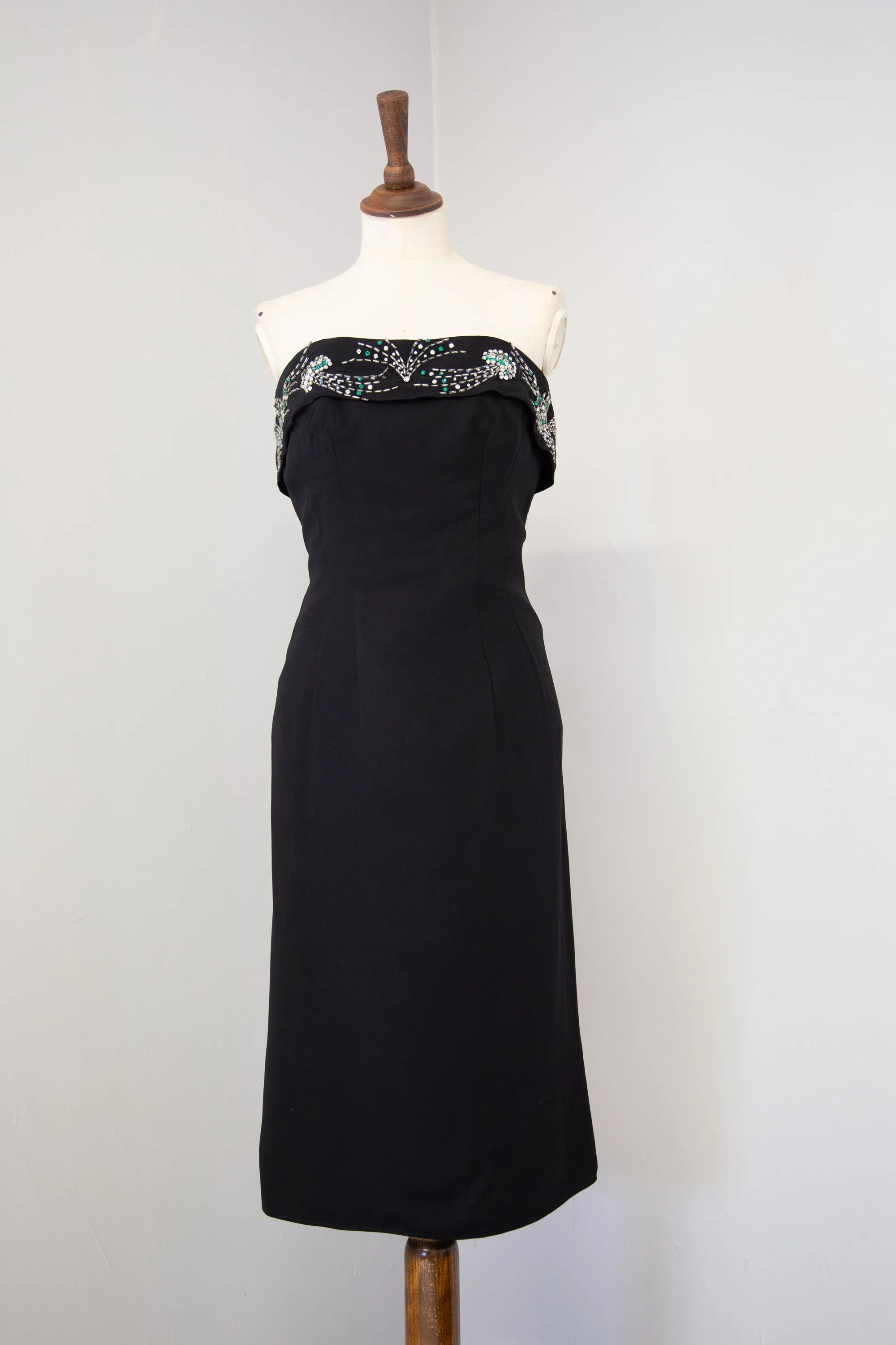 Vintage 1950s Black Strapless Rhinestone Wiggle Dress