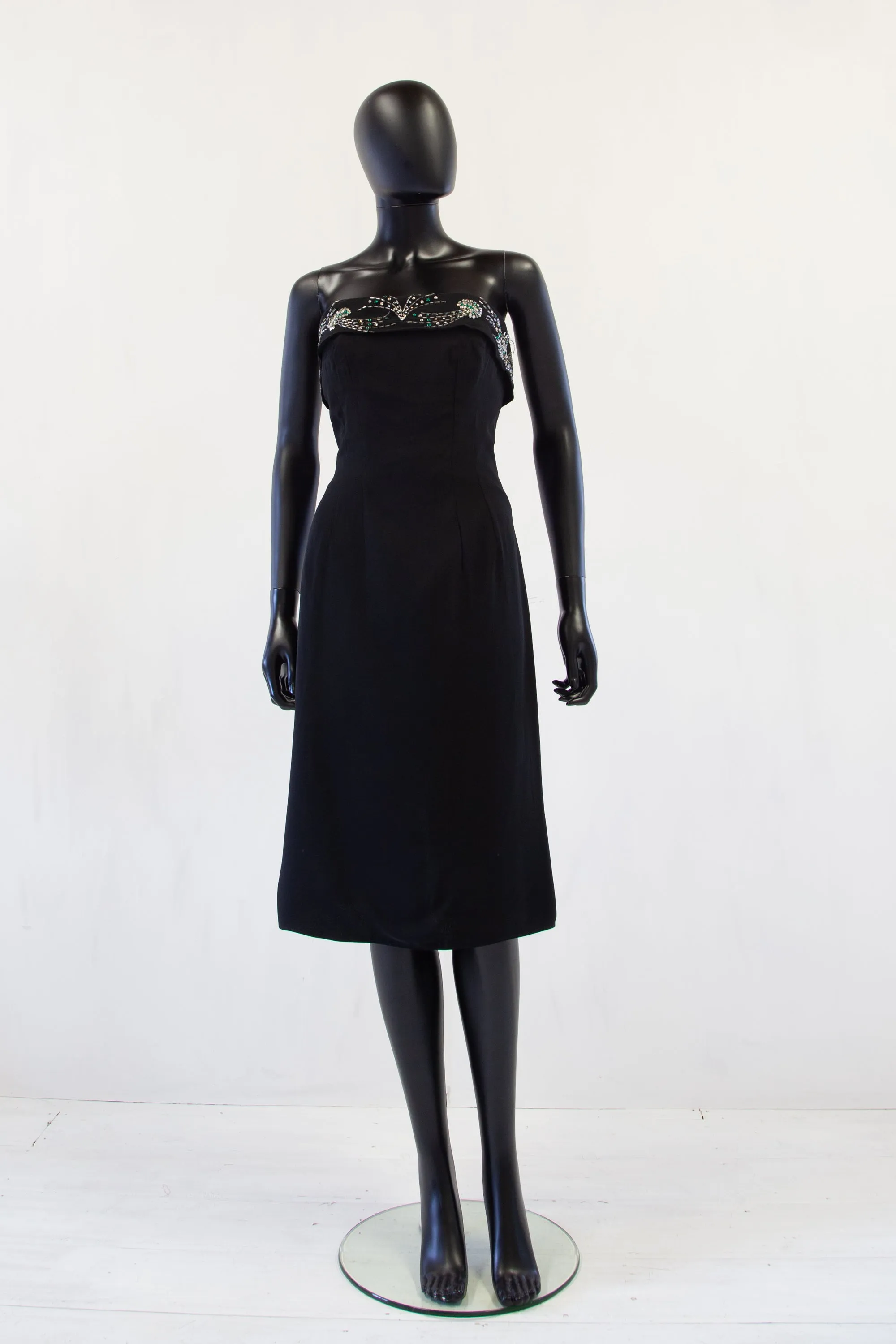 Vintage 1950s Black Strapless Rhinestone Wiggle Dress