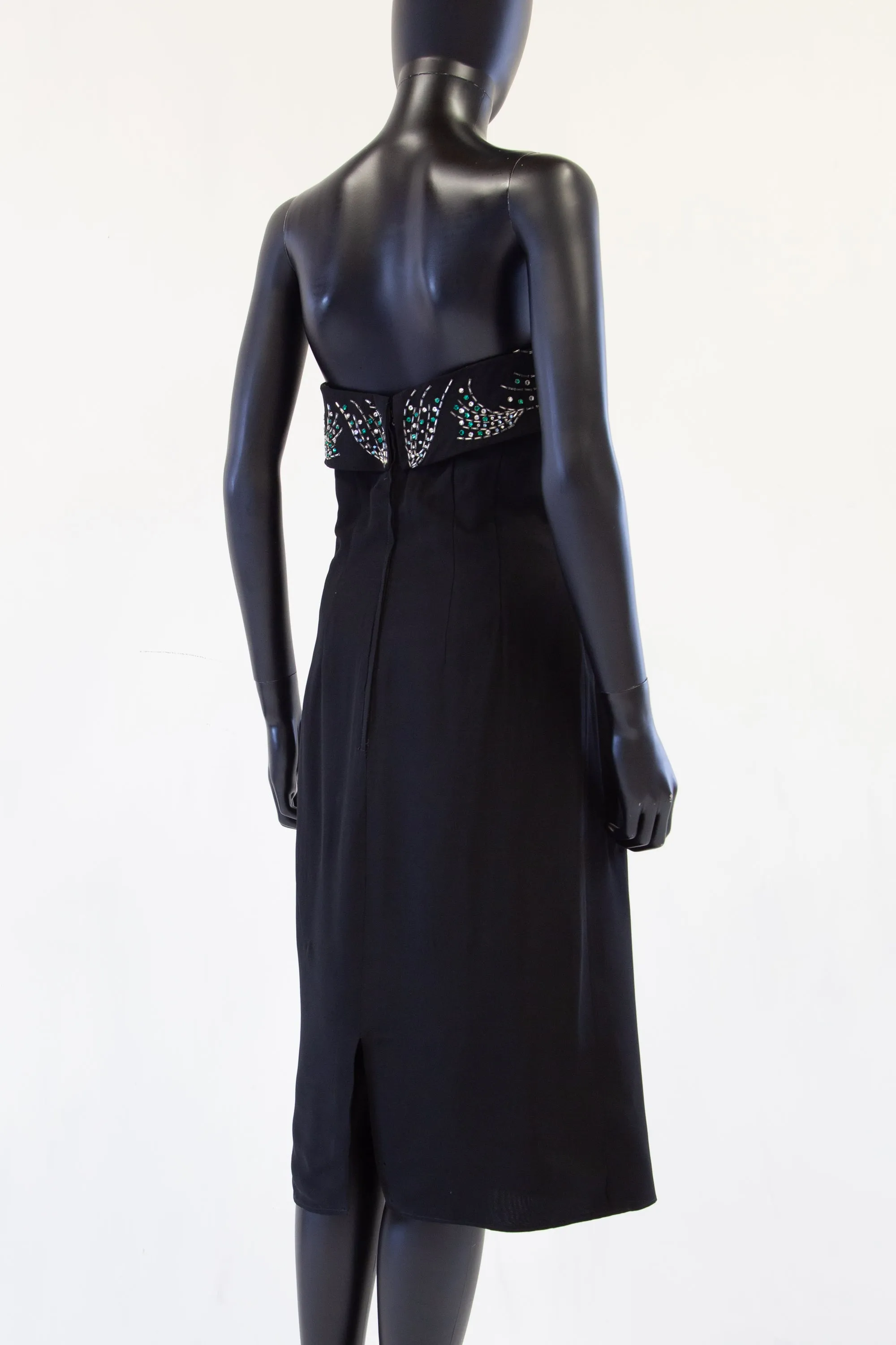 Vintage 1950s Black Strapless Rhinestone Wiggle Dress