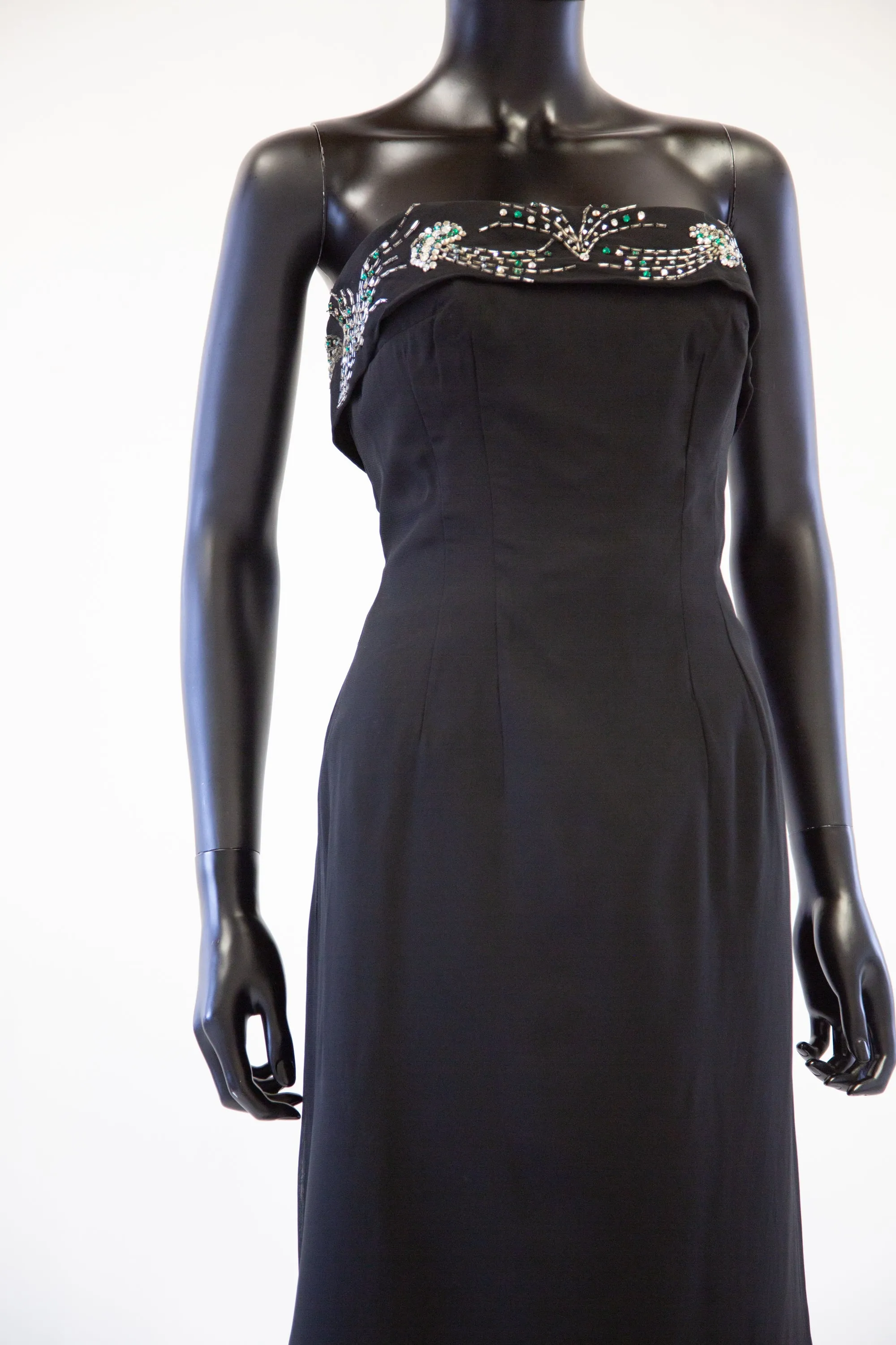 Vintage 1950s Black Strapless Rhinestone Wiggle Dress