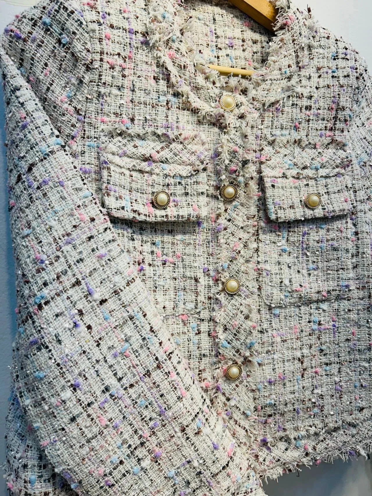 white pearl tweed blazer