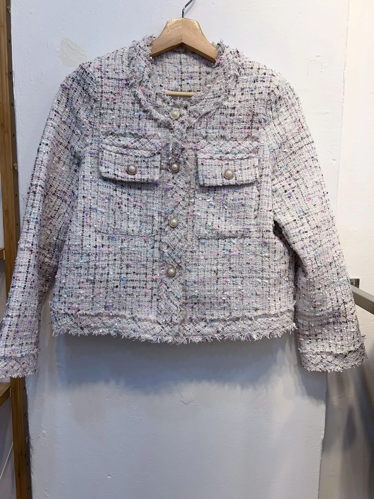 white pearl tweed blazer