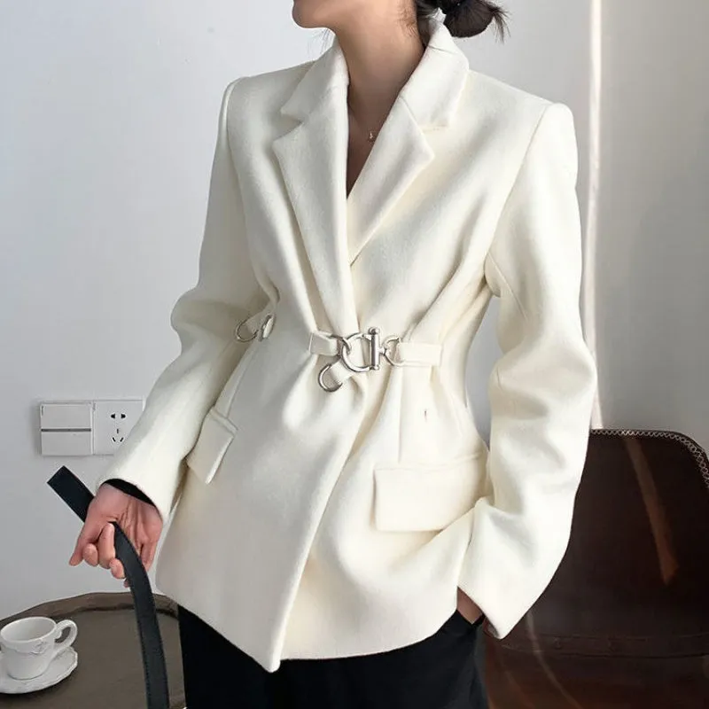 White Woolen Suit Jacket Women Loose Design Niche Temperament Thick Suit Jacket