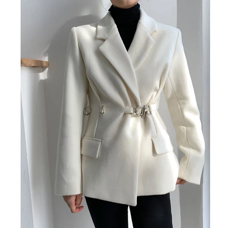 White Woolen Suit Jacket Women Loose Design Niche Temperament Thick Suit Jacket