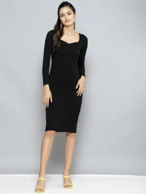 Women Charcoal Rib Sweetheart Neck Bodycon Midi Dress