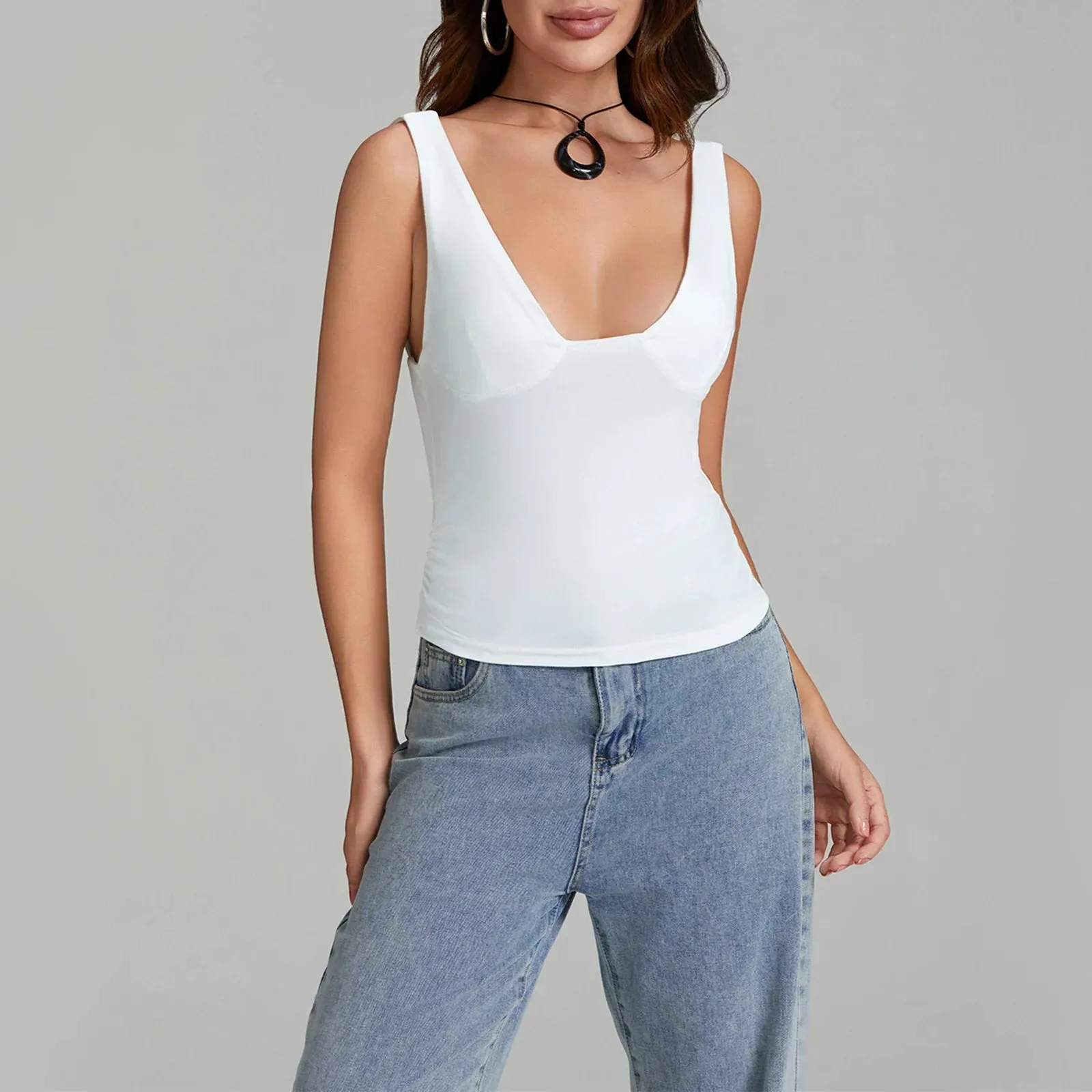 Women Cropped Tank Tops Casual Summer V-Neck Ruched Basic Vest Sleeveless Shirt Tank Y2k Top