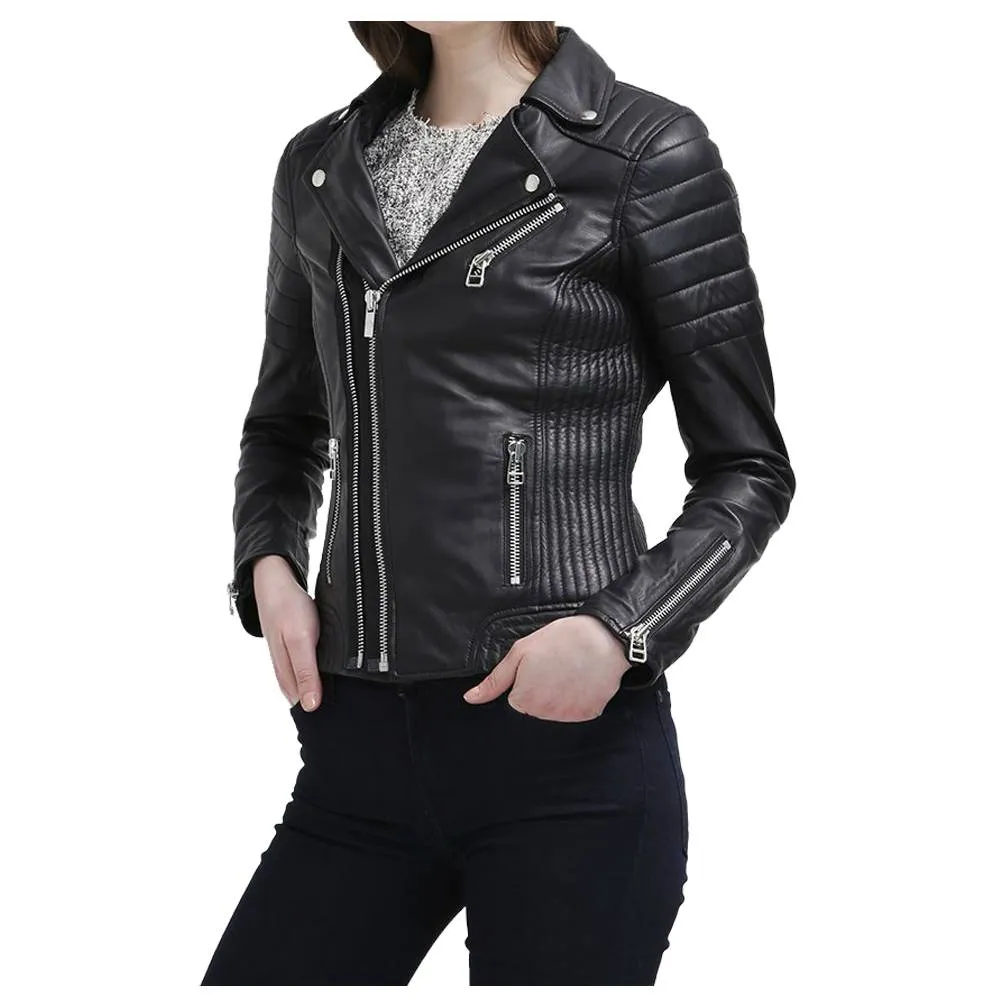 WOMEN SLIM FIT BLACK GENUINE LEATHER JACKET INNOVATIVE DESIGN LEATHER JACKET