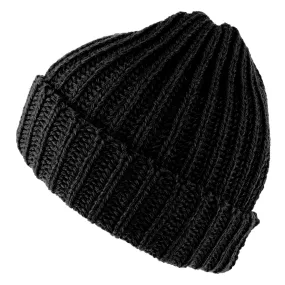 Wool Beanie Highland 2000 Fisherman's Hat Merino Wool Chunky Knit - Black, Grey & Blue Bobcap