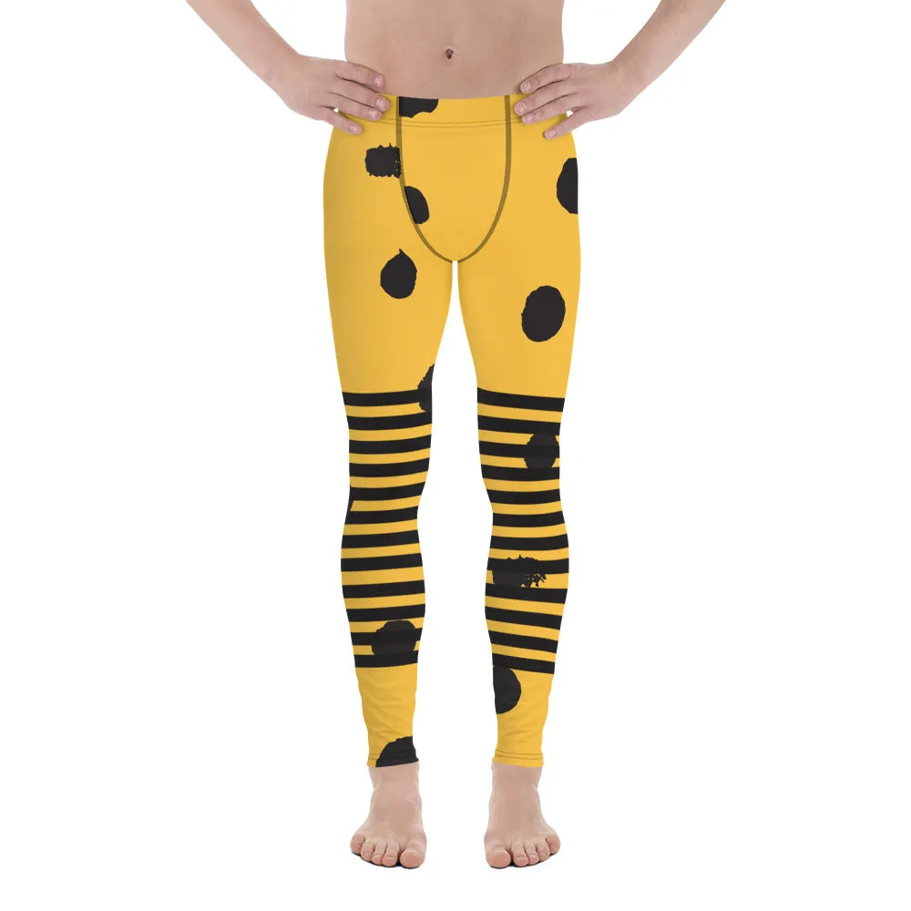 Yellow Abstract Dotted Meggings, Designer Horizontal Black Striped Men's Leggings For Men - Made in USA/EU/MX