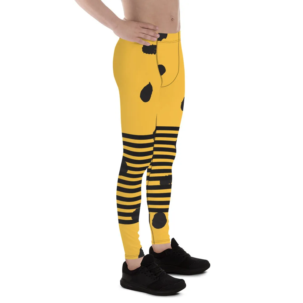 Yellow Abstract Dotted Meggings, Designer Horizontal Black Striped Men's Leggings For Men - Made in USA/EU/MX