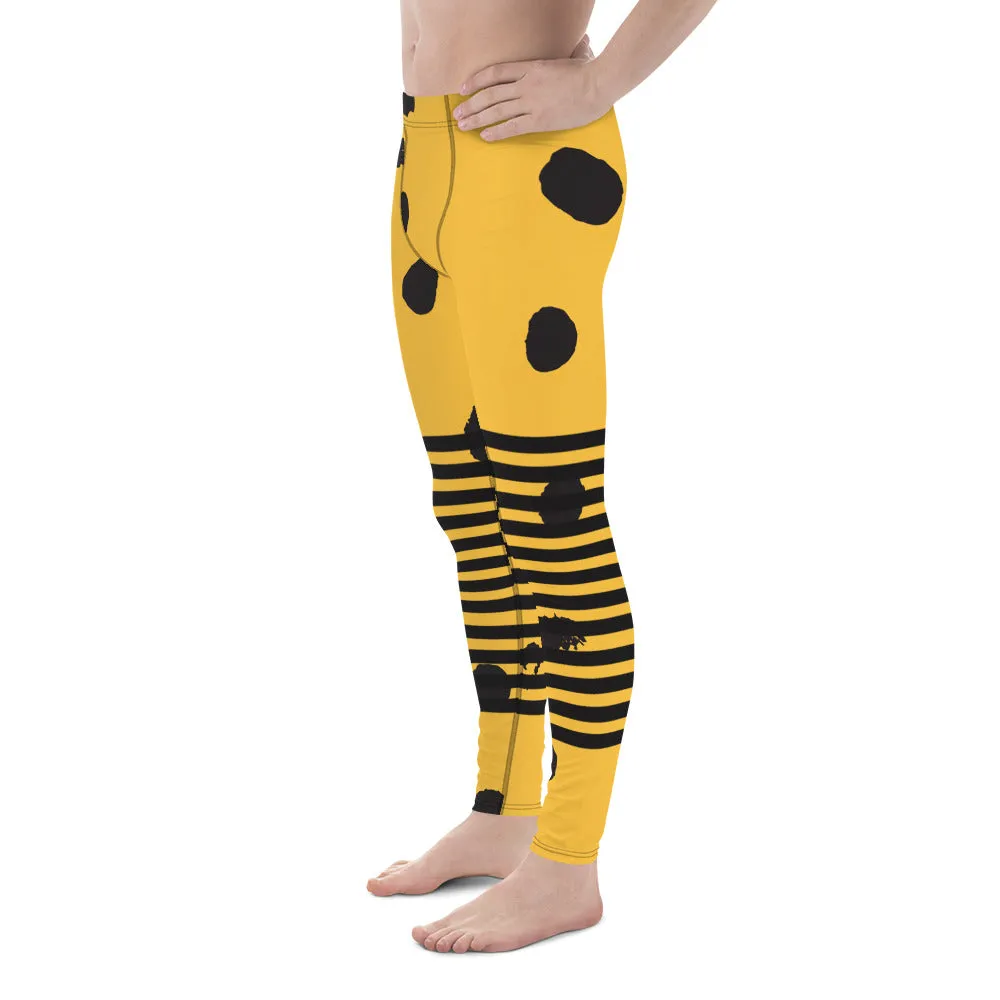 Yellow Abstract Dotted Meggings, Designer Horizontal Black Striped Men's Leggings For Men - Made in USA/EU/MX