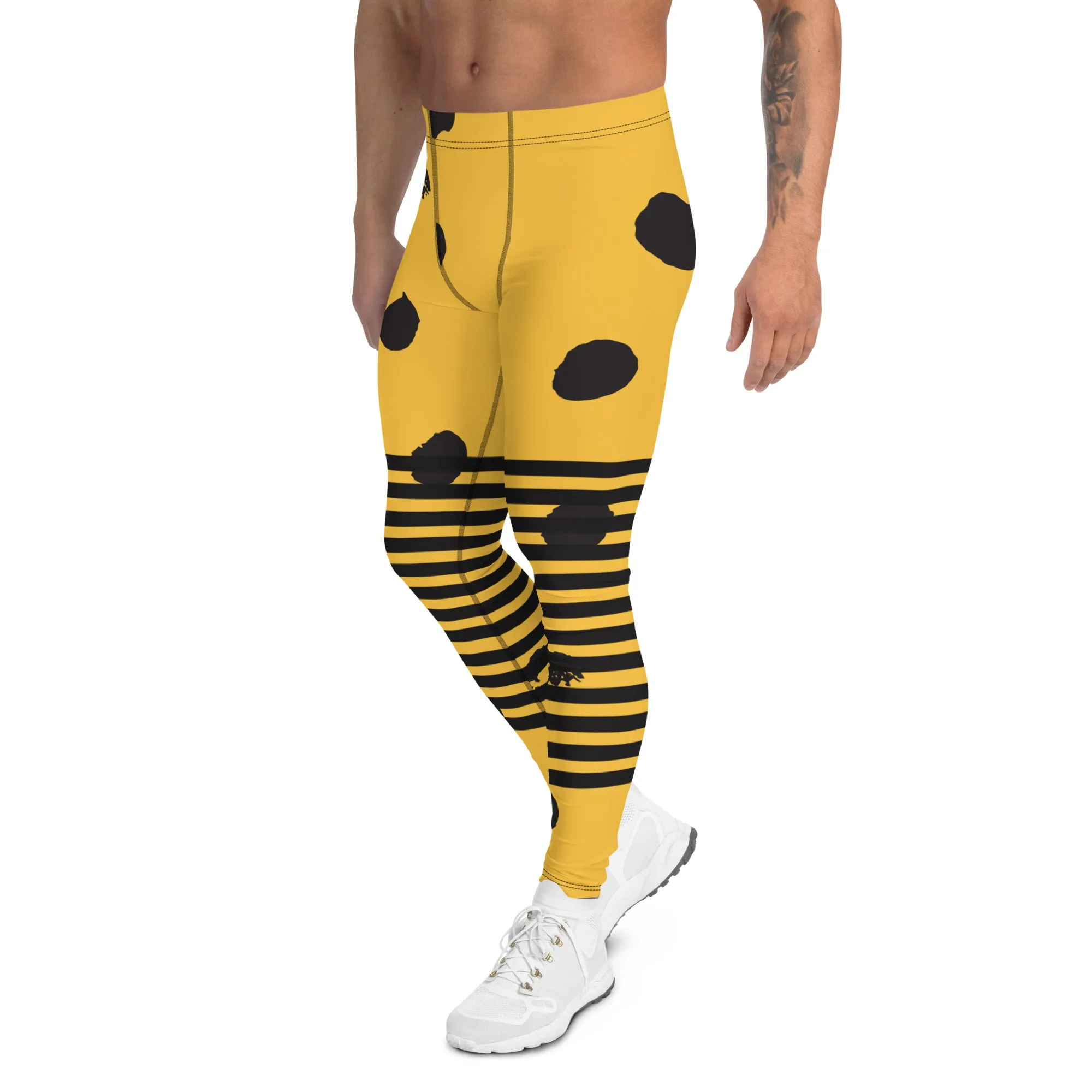 Yellow Abstract Dotted Meggings, Designer Horizontal Black Striped Men's Leggings For Men - Made in USA/EU/MX