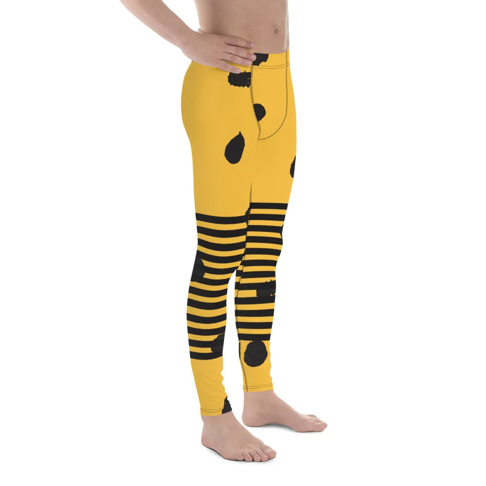 Yellow Abstract Dotted Meggings, Designer Horizontal Black Striped Men's Leggings For Men - Made in USA/EU/MX