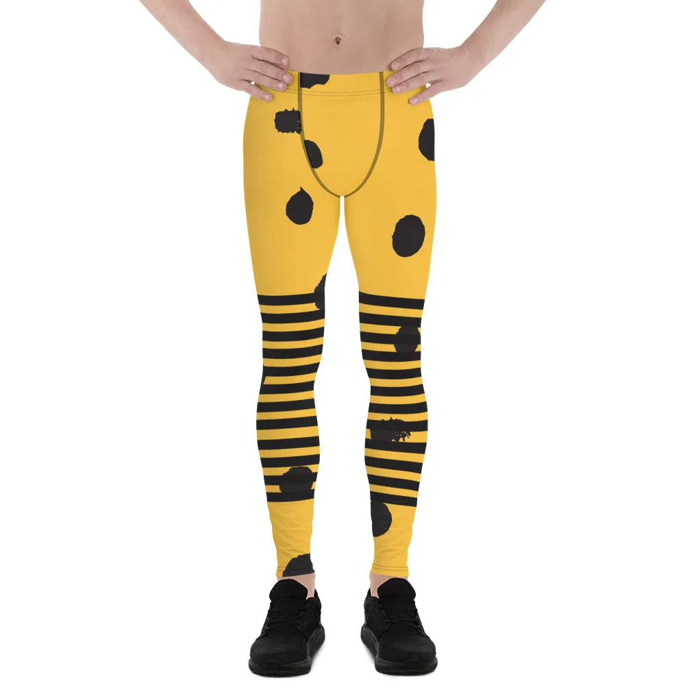 Yellow Abstract Dotted Meggings, Designer Horizontal Black Striped Men's Leggings For Men - Made in USA/EU/MX