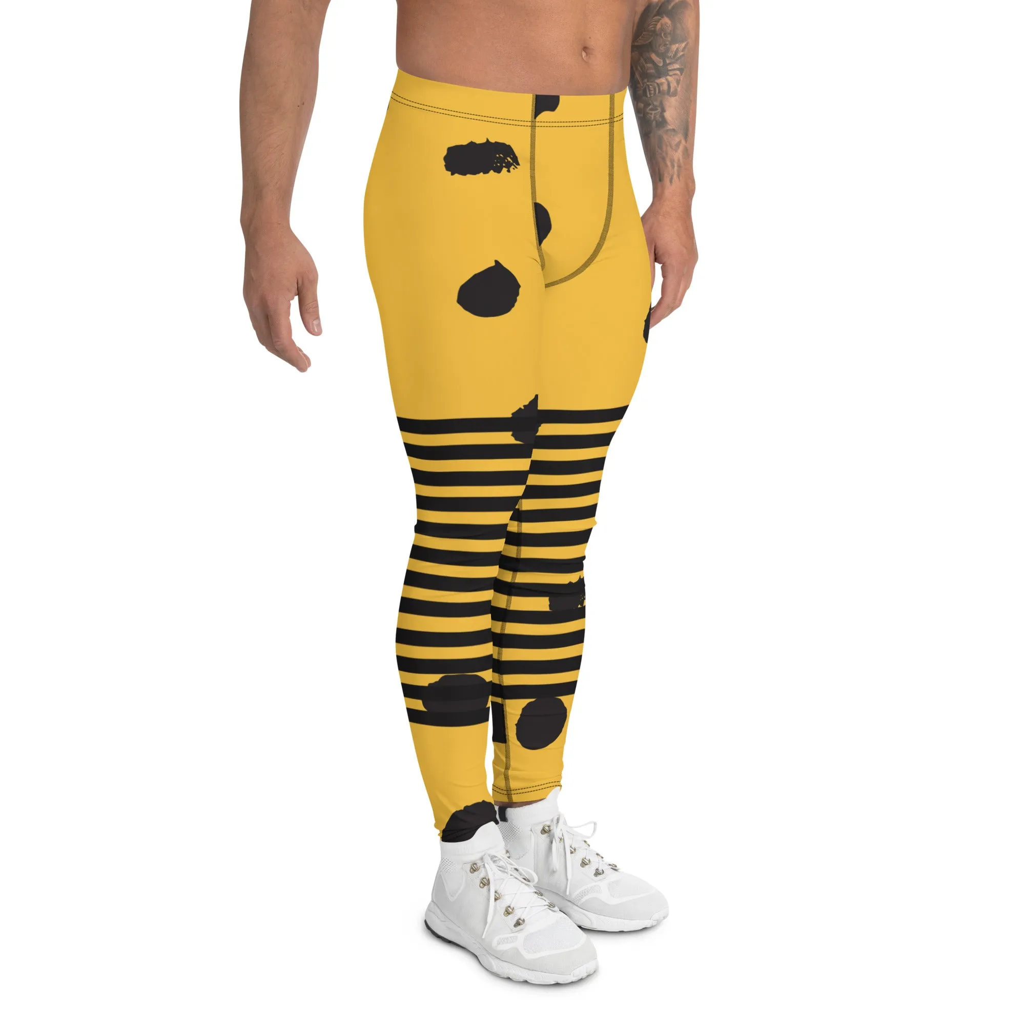 Yellow Abstract Dotted Meggings, Designer Horizontal Black Striped Men's Leggings For Men - Made in USA/EU/MX